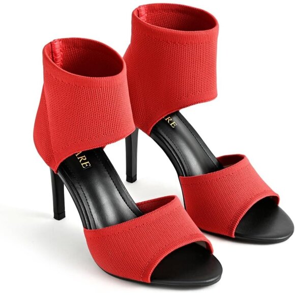 Red 3 Inches Peep Toe Synthetic Stiletto Stretchy Heeled Sandals for Women - Picture 7 of 10